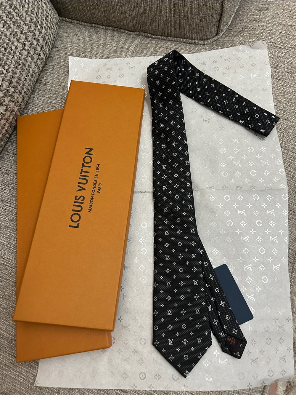 Louis Vuitton Black and White Monogram Silk Tie
